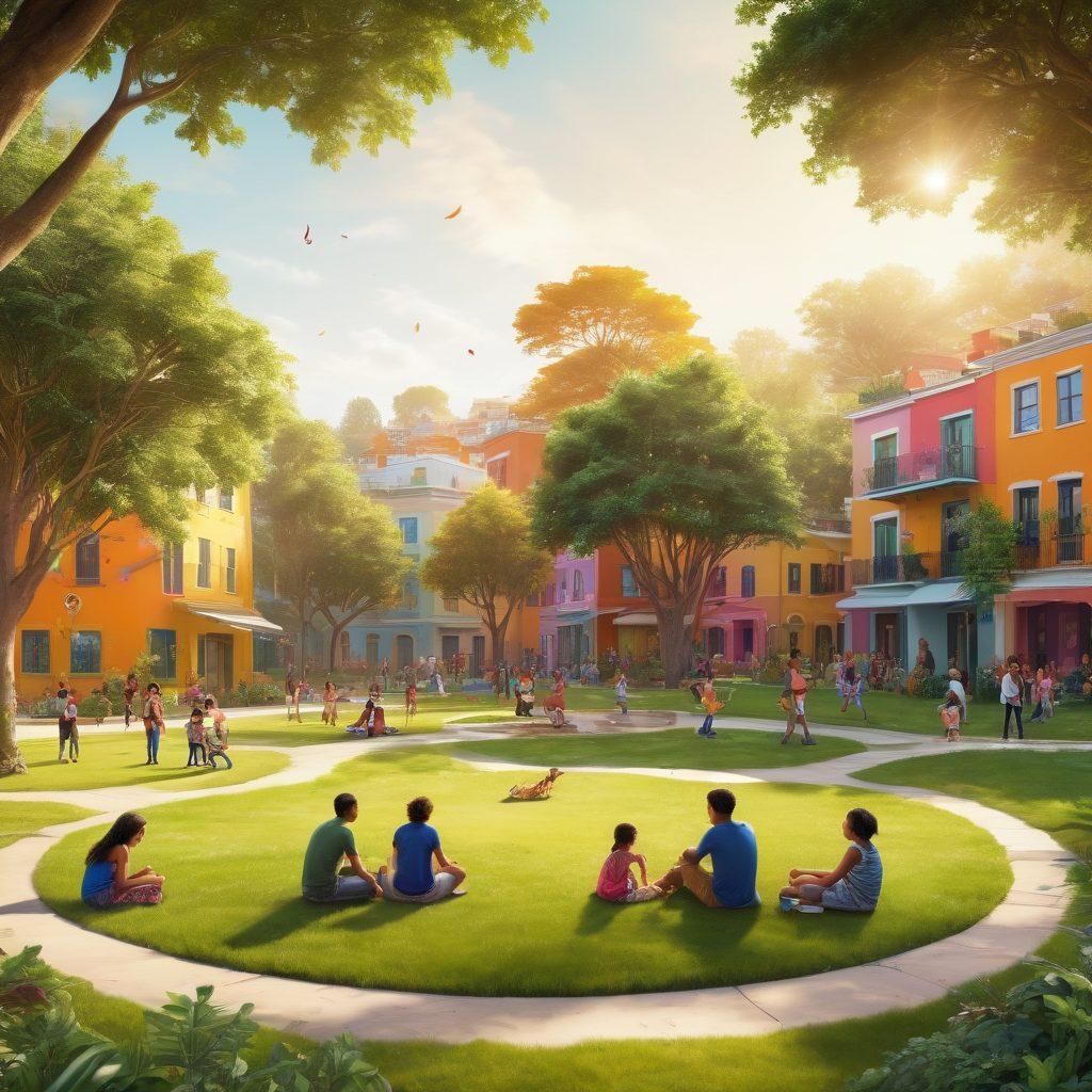 A vibrant community scene illustrating diverse people collaborating in a lush park, with a backdrop of colorful buildings representing the Soputas community. Include children playing, adults discussing in circles, and greenery symbolizing growth and support. Use warm sunlight filtering through trees to create a welcoming atmosphere. super-realistic. vibrant colors. warm tones.