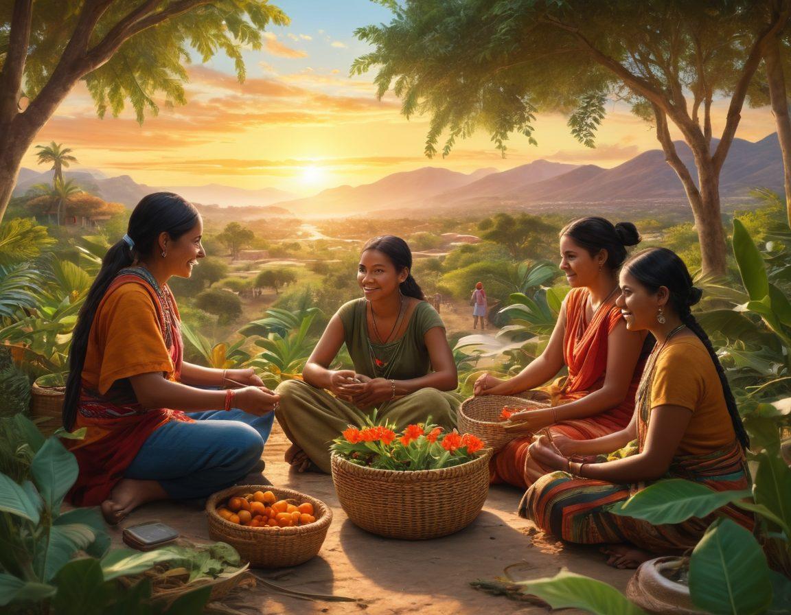A vibrant and inclusive community scene showcasing Soputas people engaging in collaborative activities, exchanging resources and knowledge. Include traditional elements mixed with modern tools, such as laptops and books, surrounded by lush greenery symbolizing growth. Highlight diverse individuals sharing smiles and ideas, depicting unity and empowerment. The background features a sunrise representing new beginnings and opportunities. super-realistic. vibrant colors. warm atmosphere.