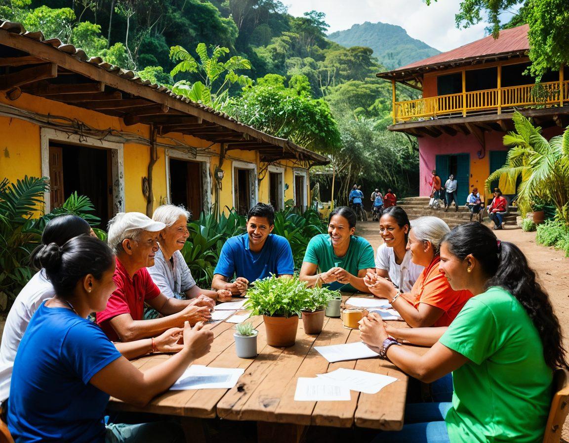 A vibrant community gathering in the Soputas region, showcasing diverse individuals engaged in collaborative activities, sharing ideas and fostering connections. The background features lush greenery and colorful traditional structures, symbolizing cultural heritage. Bright colors convey a sense of hope and empowerment, with visual elements representing support and development, like open hands and lightbulbs. super-realistic. vibrant colors. natural backdrop.